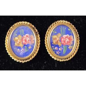 Antique Hand Painted Floral Clip On Earrings Blue Multicolor Clip Ons [COPY]
